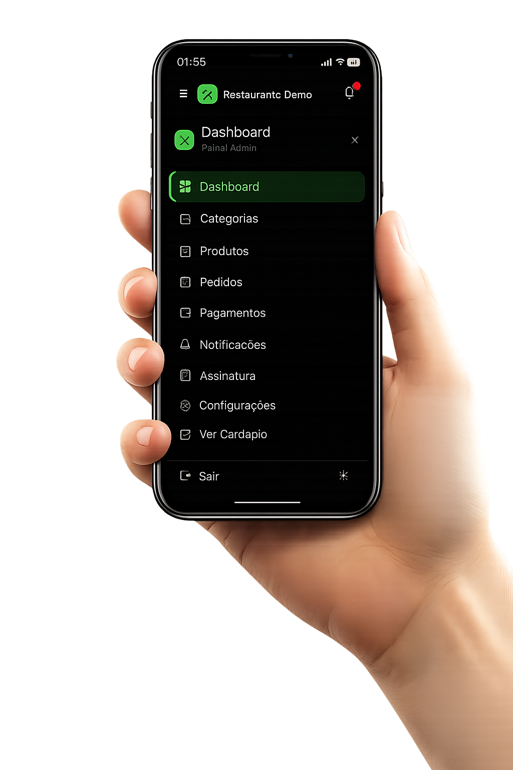 Mão segurando celular com painel do AtendaAi mostrando Dashboard, Categorias, Produtos, Pedidos e Pagamentos