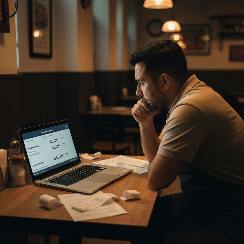 Dono de restaurante estressado calculando prejuízo com taxas de marketplace