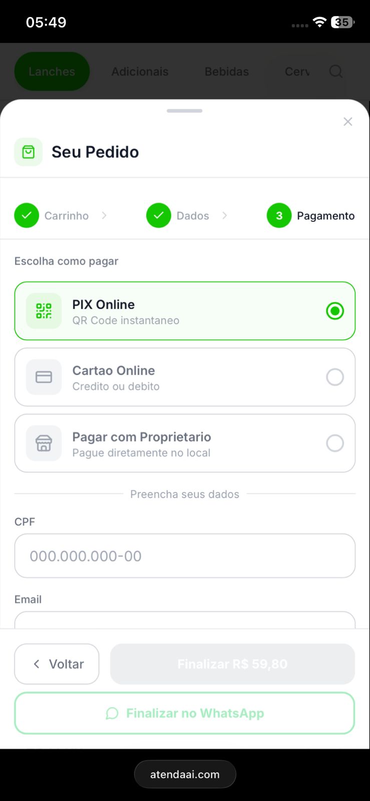 Tela de pagamento com PIX e cartão